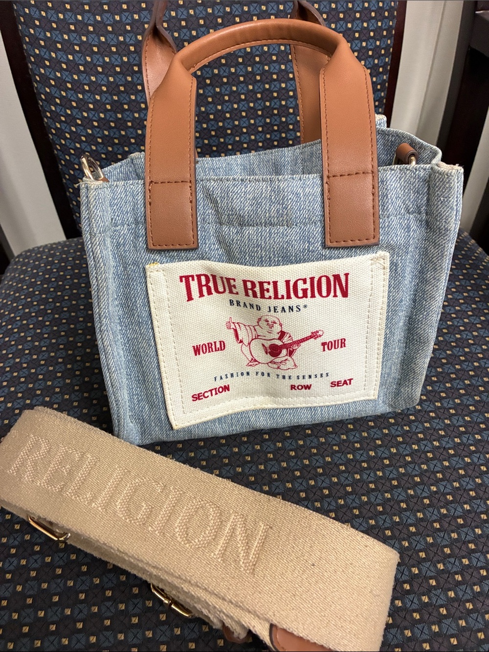 True Religion Light Blue Denim Mini Tote with Tan Handles with straps